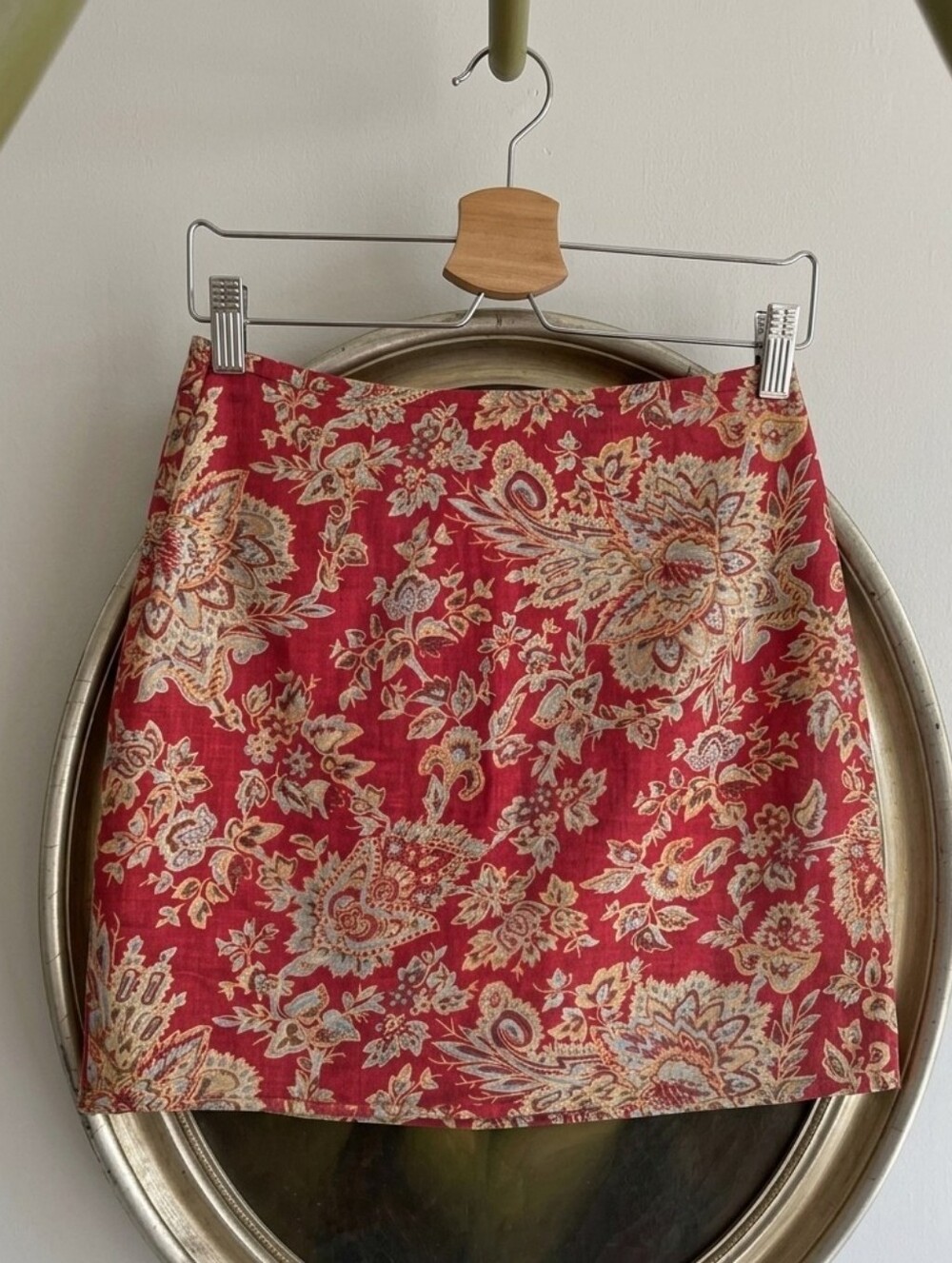 Vintage 100% Linen Boston Proper Red Paisley-Print Mini Skirt - Picture 2 of 6